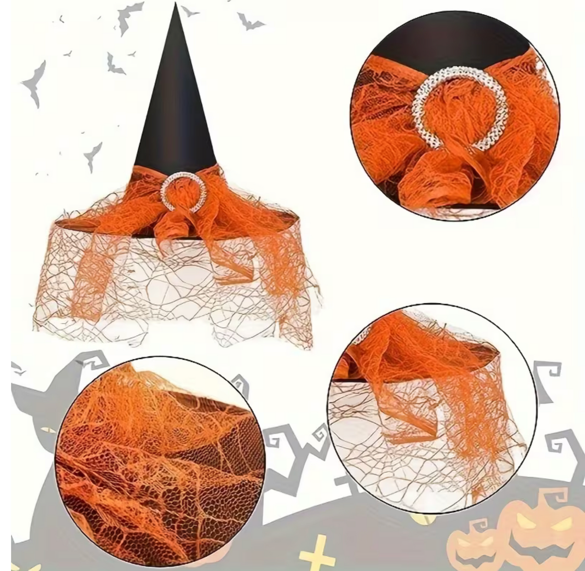 Black and Orange Tulle Witch Hat Duo with Pointed Cones and Lace Trim Bases