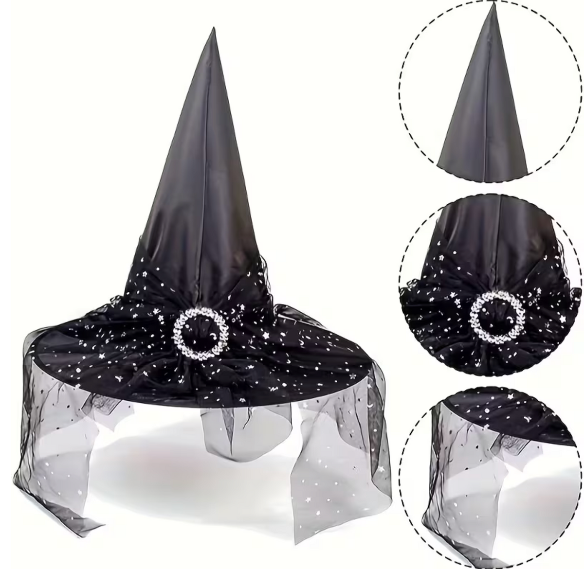 Black and Orange Tulle Witch Hat Duo with Pointed Cones and Lace Trim Bases