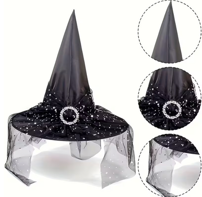 Black and Orange Tulle Witch Hat Duo with Pointed Cones and Lace Trim Bases