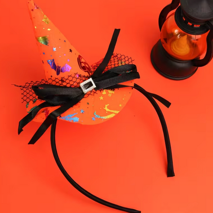 Orange Witch Hat Headband with Tiny Pointed Hat, Lace Trim, and Spider Web Design