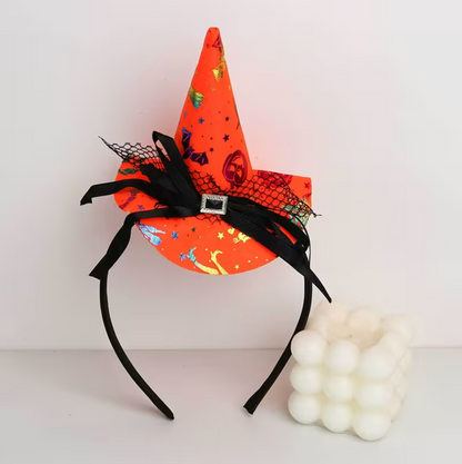Orange Witch Hat Headband with Tiny Pointed Hat, Lace Trim, and Spider Web Design