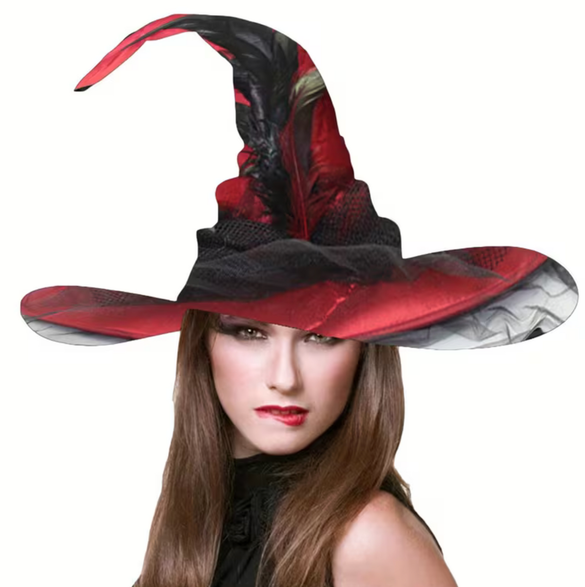 Vintage Witch Hat with Flowing Sheer Veil, Wide Flat Brim, and Adjustable Inner Band