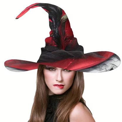 Vintage Witch Hat with Flowing Sheer Veil, Wide Flat Brim, and Adjustable Inner Band