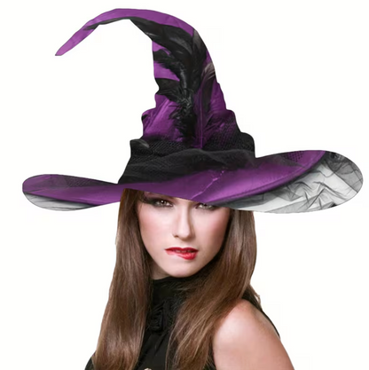 Vintage Witch Hat with Flowing Sheer Veil, Wide Flat Brim, and Adjustable Inner Band