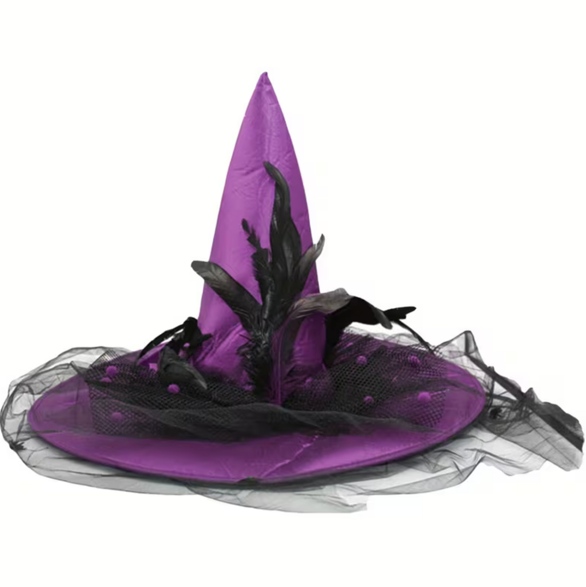 Vintage Witch Hat with Flowing Sheer Veil, Wide Flat Brim, and Adjustable Inner Band