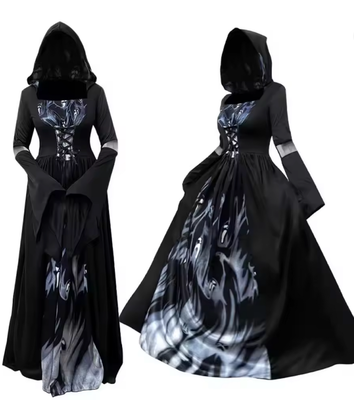 Witch Costume Dress with Bell Sleeves and Fitted Waist for Halloween