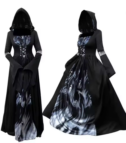 Witch Costume Dress with Bell Sleeves and Fitted Waist for Halloween