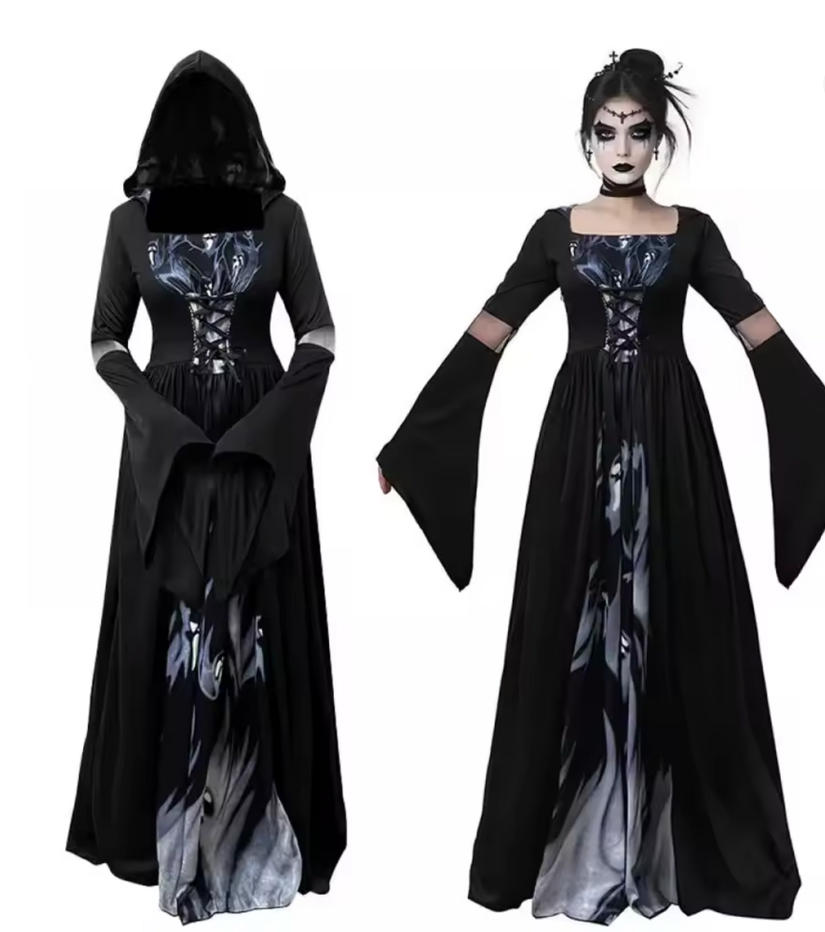 Witch Costume Dress with Bell Sleeves and Fitted Waist for Halloween