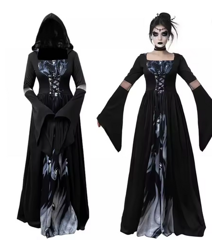 Witch Costume Dress with Bell Sleeves and Fitted Waist for Halloween