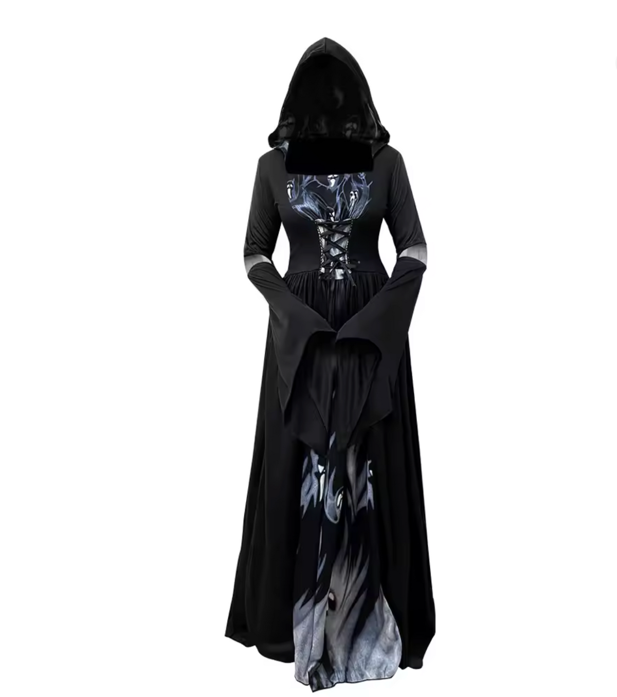 Witch Costume Dress with Bell Sleeves and Fitted Waist for Halloween