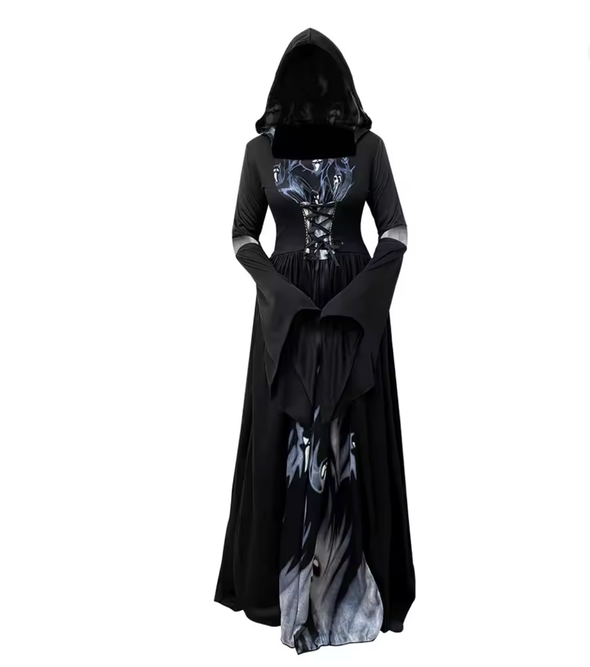 Witch Costume Dress with Bell Sleeves and Fitted Waist for Halloween