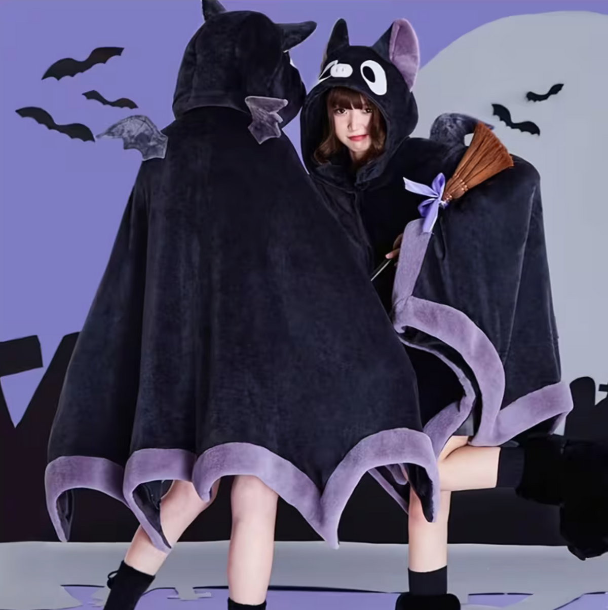 Bat Wing Hoodie with Plush Fur and Extended Sleeves for Lounging