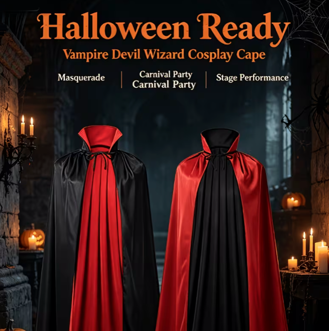 Reversible Gothic Cape with Stand Collar and Front Lacing for Costumes