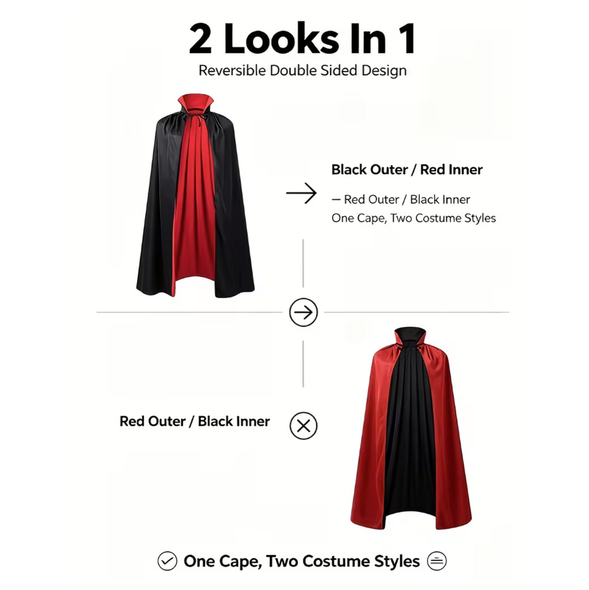 Reversible Gothic Cape with Stand Collar and Front Lacing for Costumes