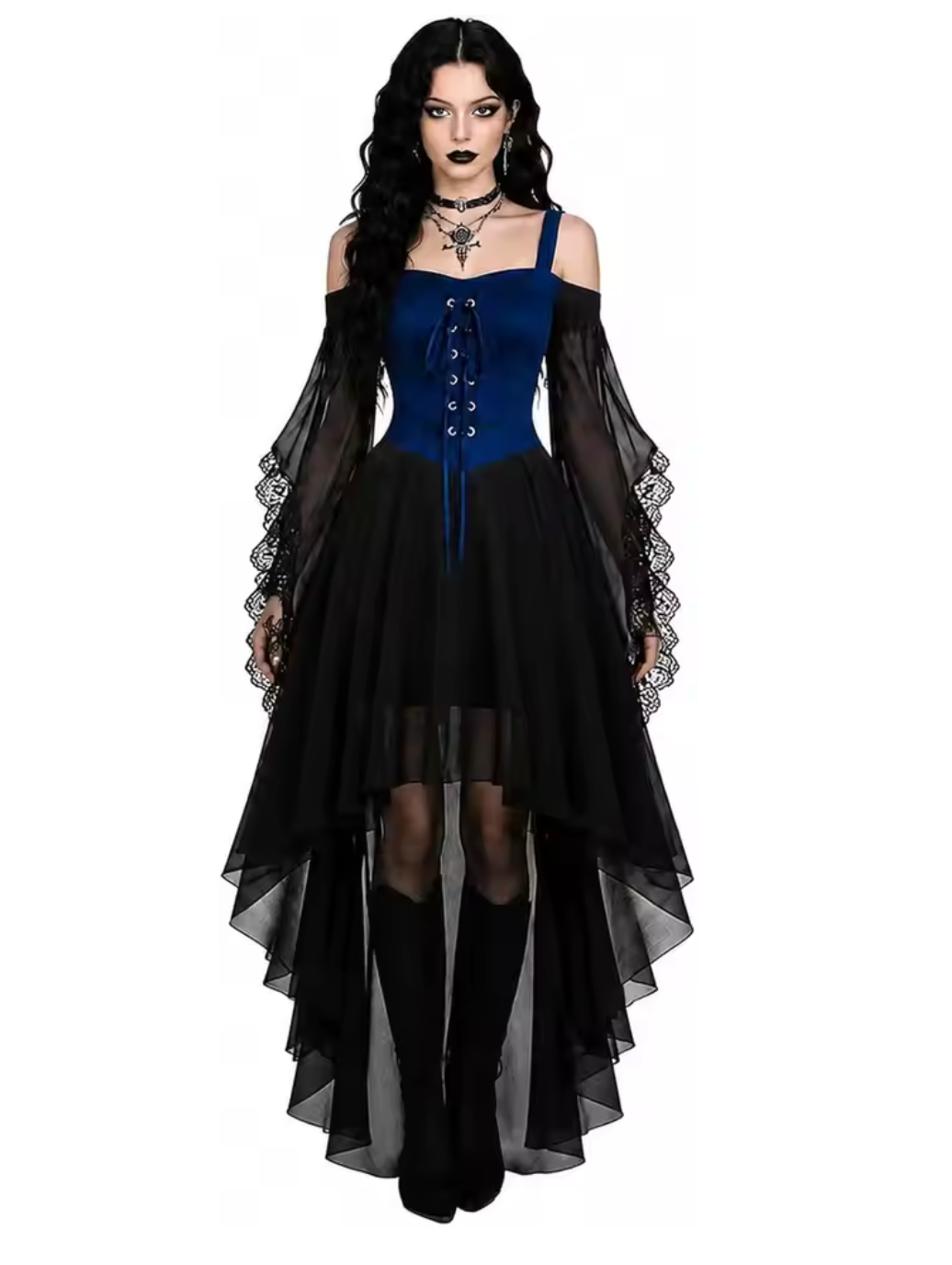 Gothic Witch Costume Dress with Butterfly Sleeves and Mesh Fabric