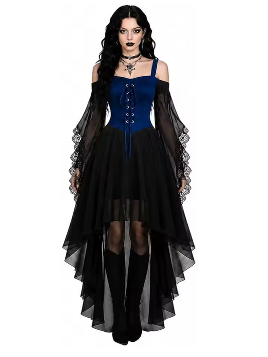 Gothic Witch Costume Dress with Butterfly Sleeves and Mesh Fabric
