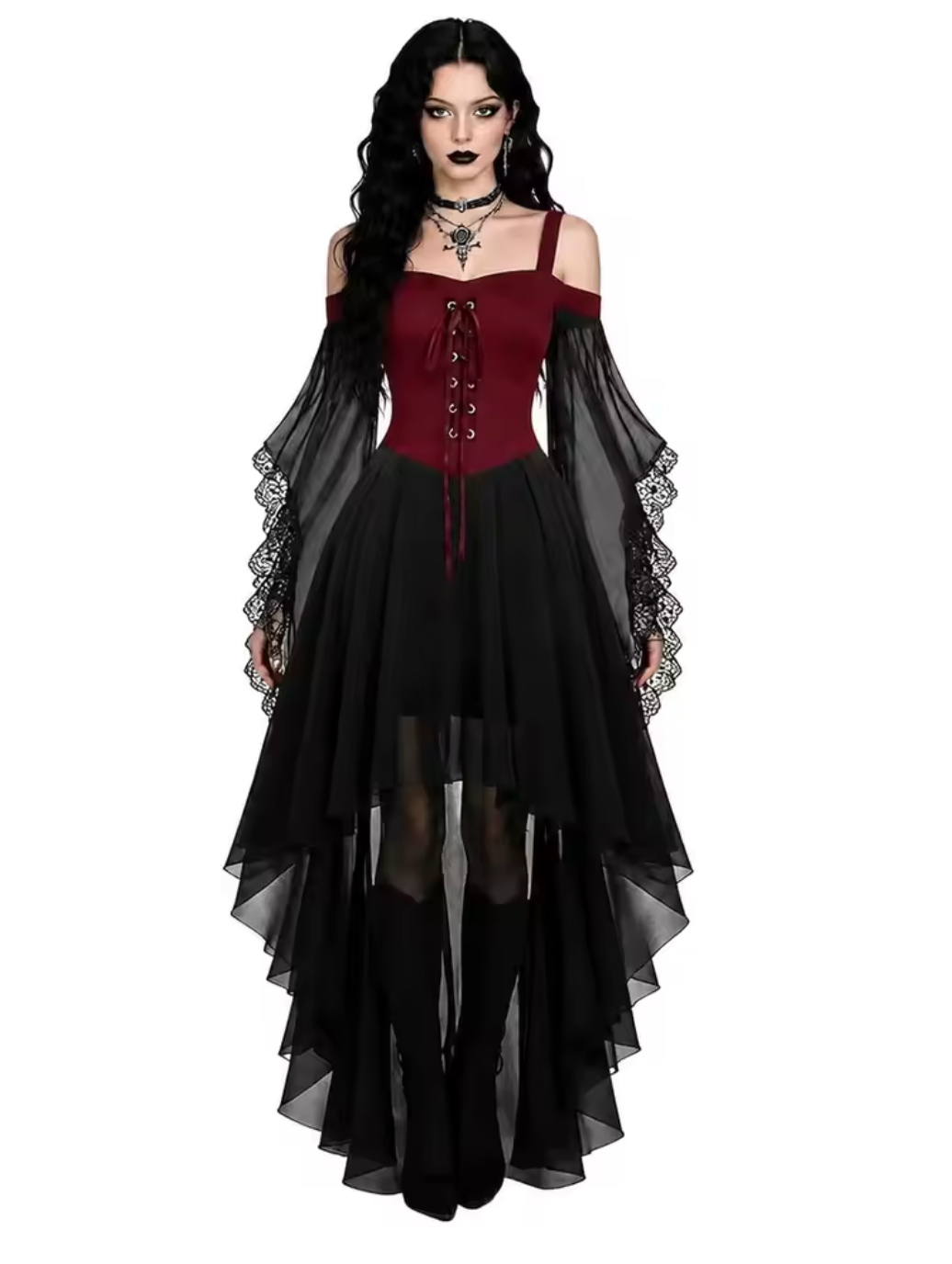 Gothic Witch Costume Dress with Butterfly Sleeves and Mesh Fabric