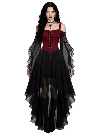 Gothic Witch Costume Dress with Butterfly Sleeves and Mesh Fabric