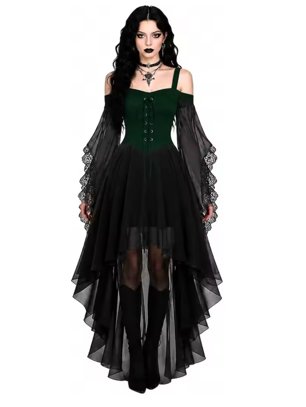 Gothic Witch Costume Dress with Butterfly Sleeves and Mesh Fabric