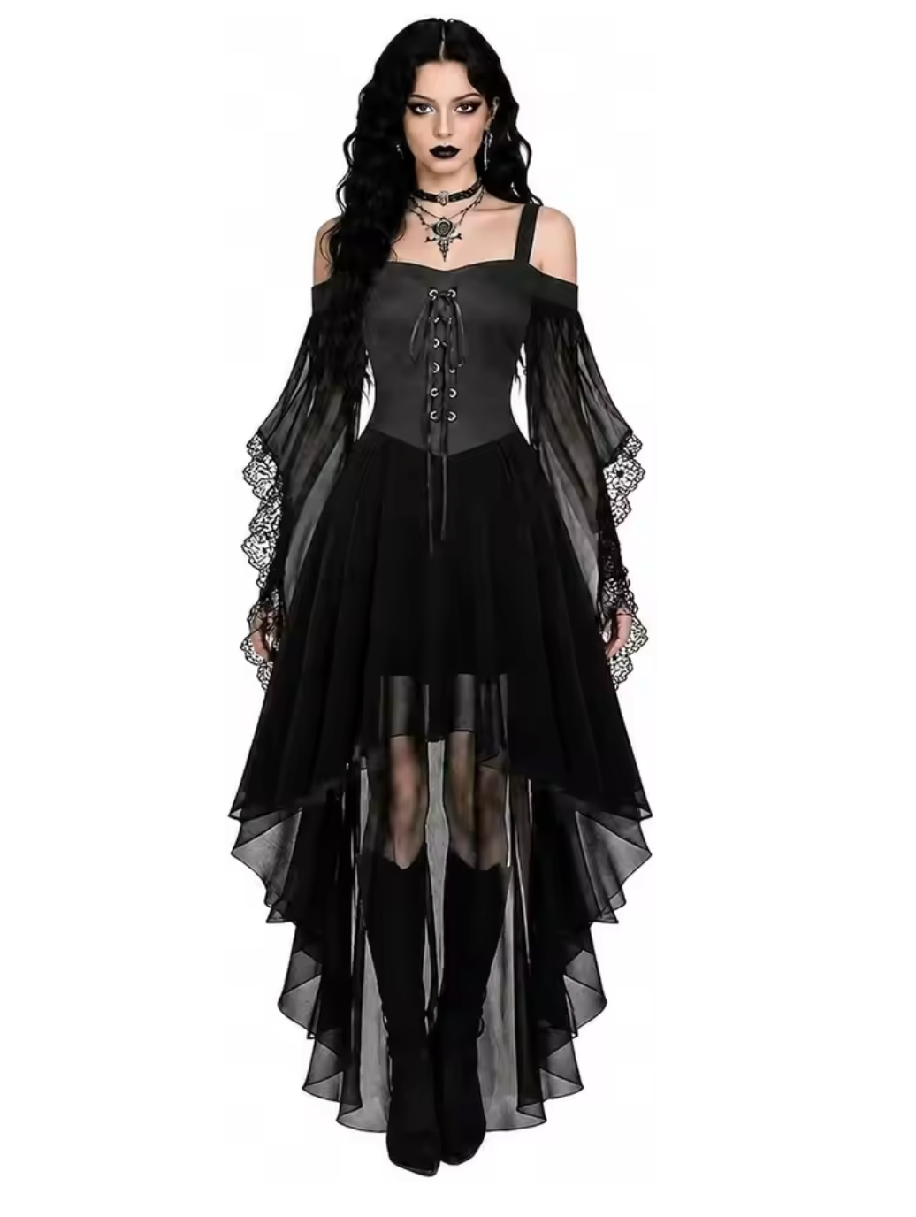 Gothic Witch Costume Dress with Butterfly Sleeves and Mesh Fabric