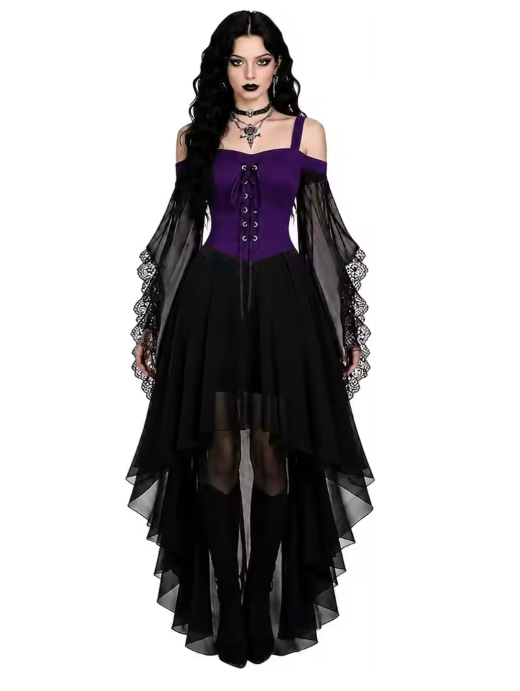 Gothic Witch Costume Dress with Butterfly Sleeves and Mesh Fabric