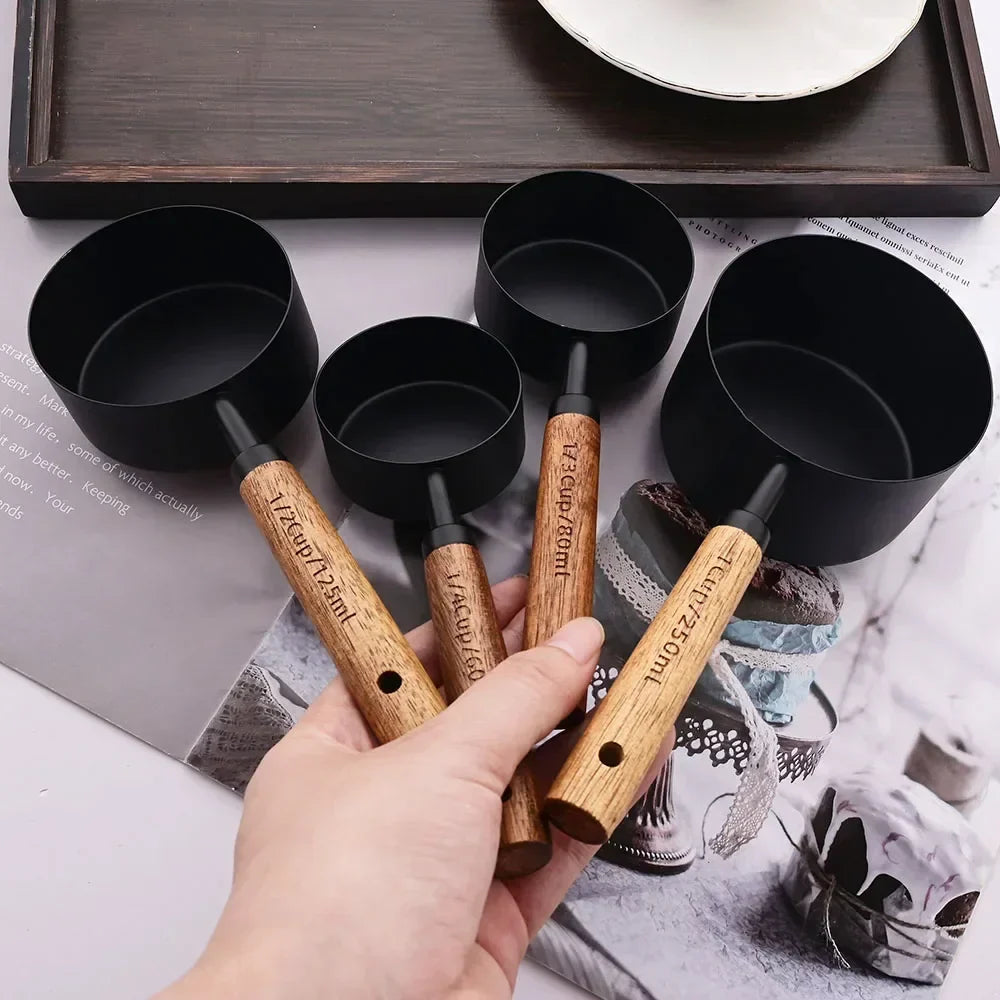 Measuring Cups and Spoons Set with Engraved Markings and Wooden Handles