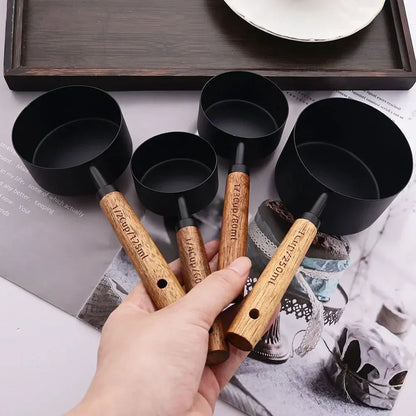 Measuring Cups and Spoons Set with Engraved Markings and Wooden Handles