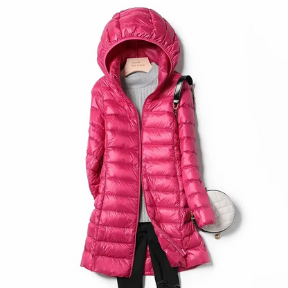 Womens Lightweight Long Hooded Parka with a Removable Hood, Front Zip and Button Placket in Seven Colors