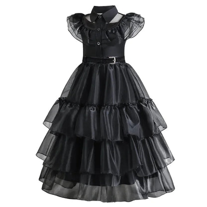 Girls Gothic Layered Cake Gown with Mesh Cutout Details and Mid Calf Length