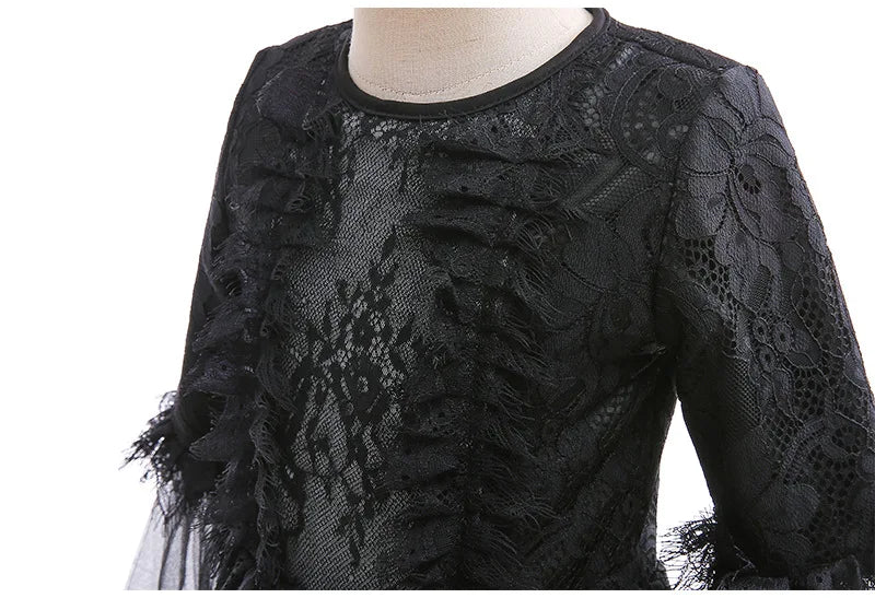 Girls Evil Queen Costume Dress with Lace Bodice and Layered Ruffles, Mid Calf