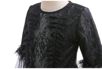 Girls Evil Queen Costume Dress with Lace Bodice and Layered Ruffles, Mid Calf