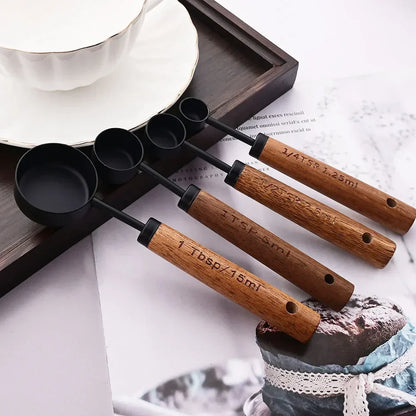 Measuring Cups and Spoons Set with Engraved Markings and Wooden Handles