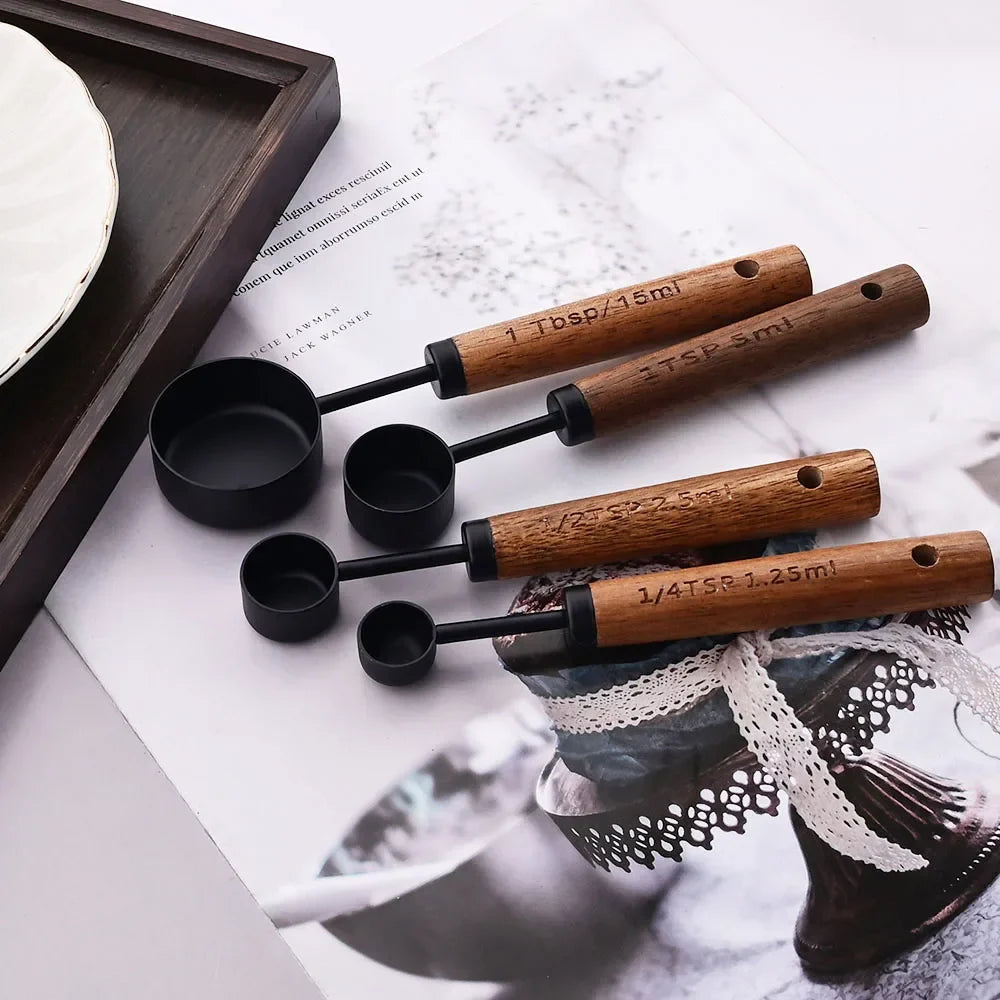 Measuring Cups and Spoons Set with Engraved Markings and Wooden Handles