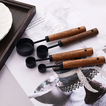 Measuring Cups and Spoons Set with Engraved Markings and Wooden Handles