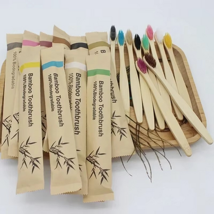 Bamboo Handled Toothbrush Ten Pack with Soft Nylon Bristles, Each Wrapped Separately