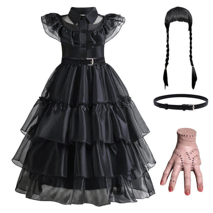 Girls Gothic Layered Cake Gown with Mesh Cutout Details and Mid Calf Length
