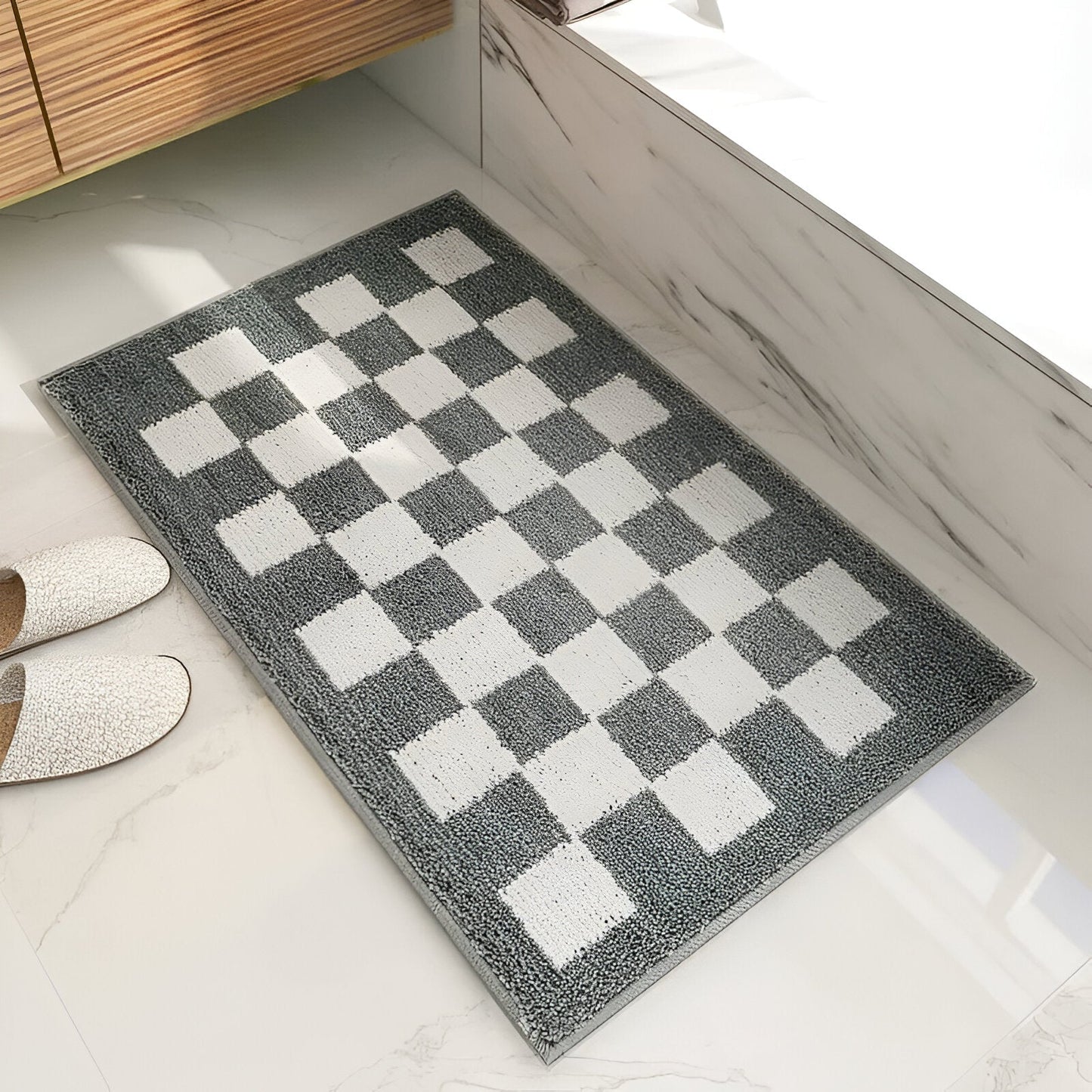 Microfiber Bath Mat with Checkered Pattern and Machine Washable Design