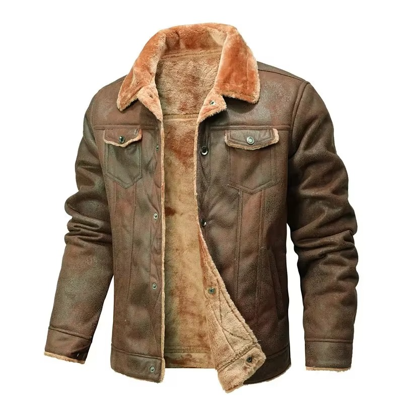 Mens Fleece Lined Winter Jacket with Suede Look Shell and Folded Collar
