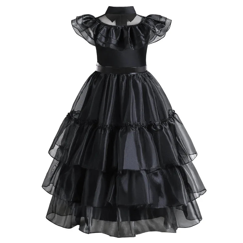 Girls Gothic Layered Cake Gown with Mesh Cutout Details and Mid Calf Length