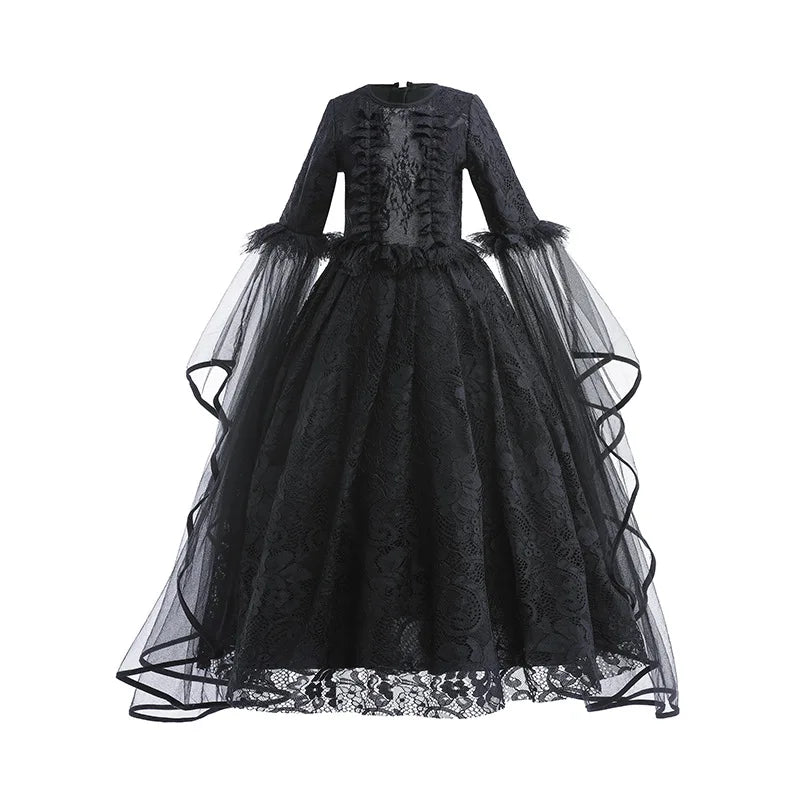 Girls Evil Queen Costume Dress with Lace Bodice and Layered Ruffles, Mid Calf