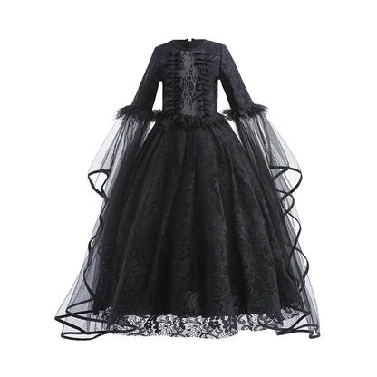 Girls Evil Queen Costume Dress with Lace Bodice and Layered Ruffles, Mid Calf