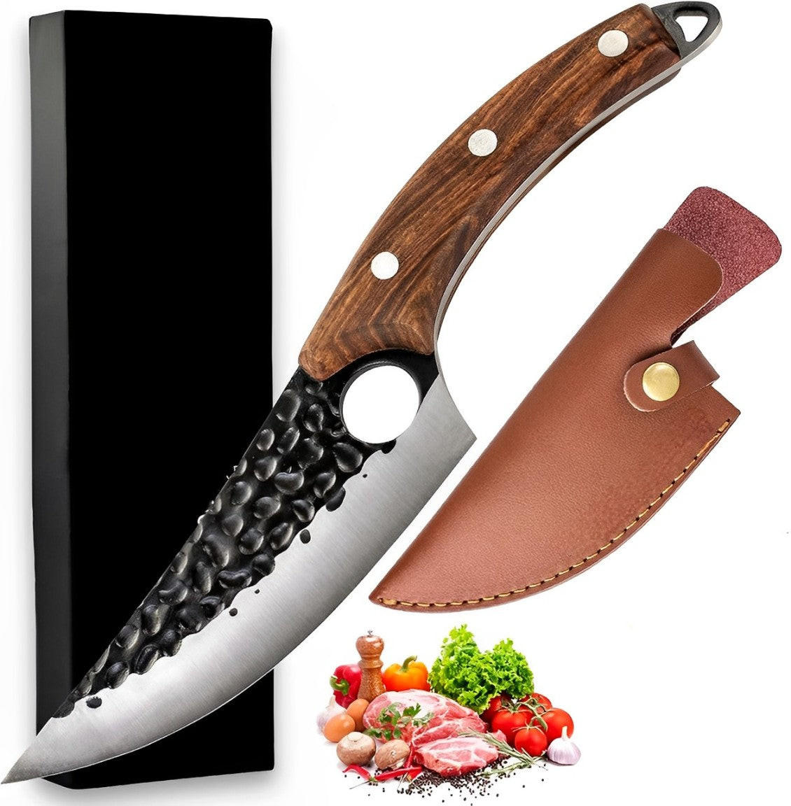 Handcrafted Kitchen Knife with Finger Hole and Cherry Wood Handle, Special Alloy Blade