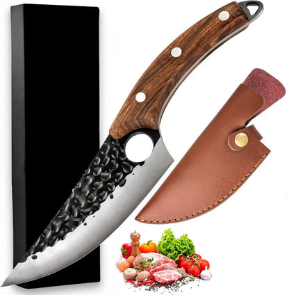 Handcrafted Kitchen Knife with Finger Hole and Cherry Wood Handle, Special Alloy Blade