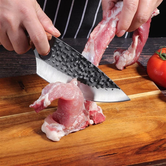 Handcrafted Kitchen Knife with Finger Hole and Cherry Wood Handle, Special Alloy Blade