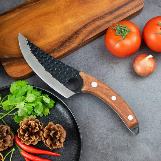 Handcrafted Kitchen Knife with Finger Hole and Cherry Wood Handle, Special Alloy Blade