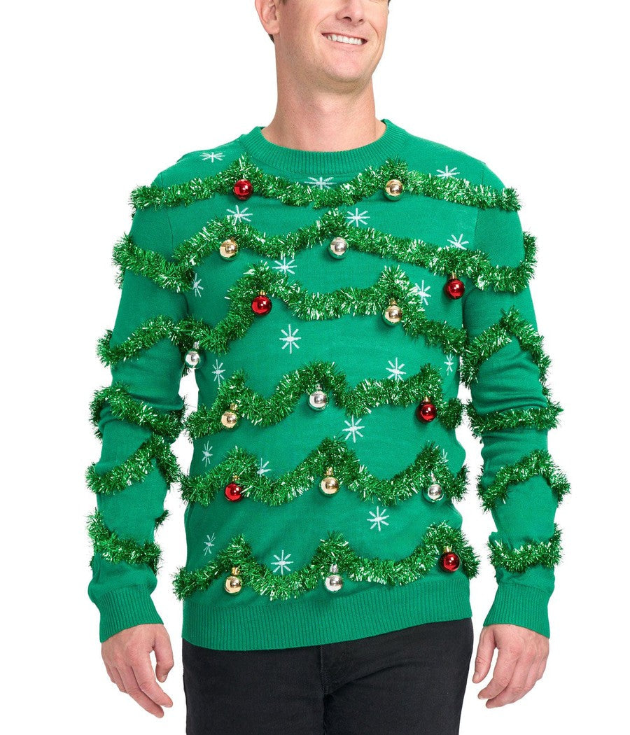 Mens Gaudy Tree Sweater Loaded with Garland, Ornaments, and Sparkling Tinsel