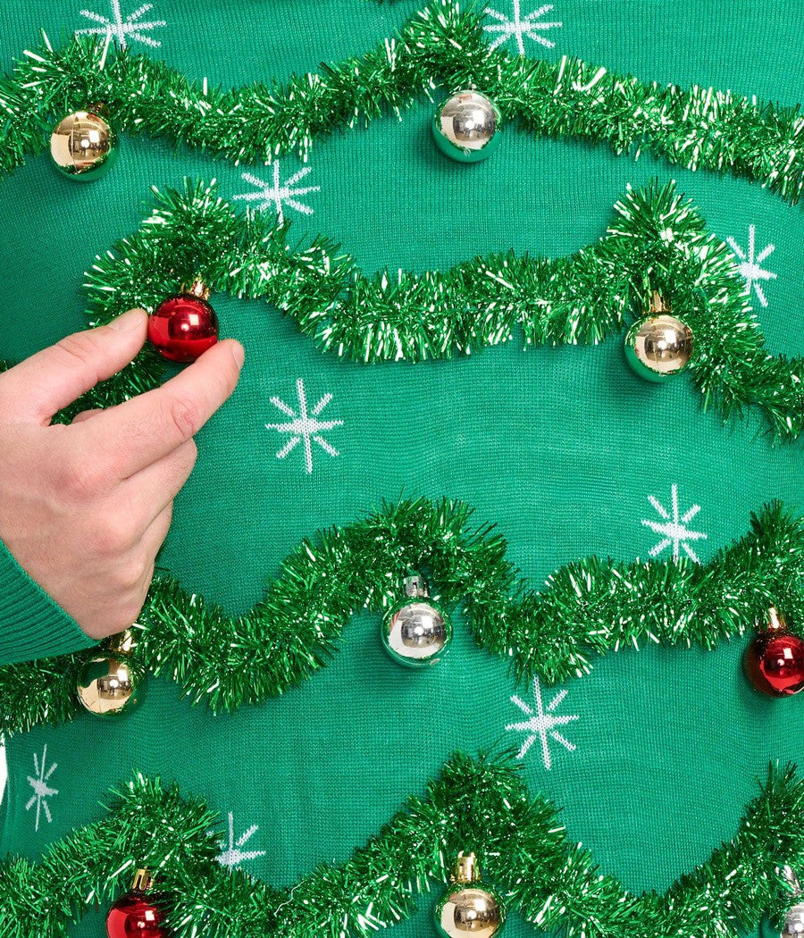 Mens Gaudy Tree Sweater Loaded with Garland, Ornaments, and Sparkling Tinsel