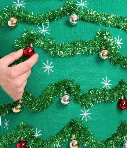 Mens Gaudy Tree Sweater Loaded with Garland, Ornaments, and Sparkling Tinsel