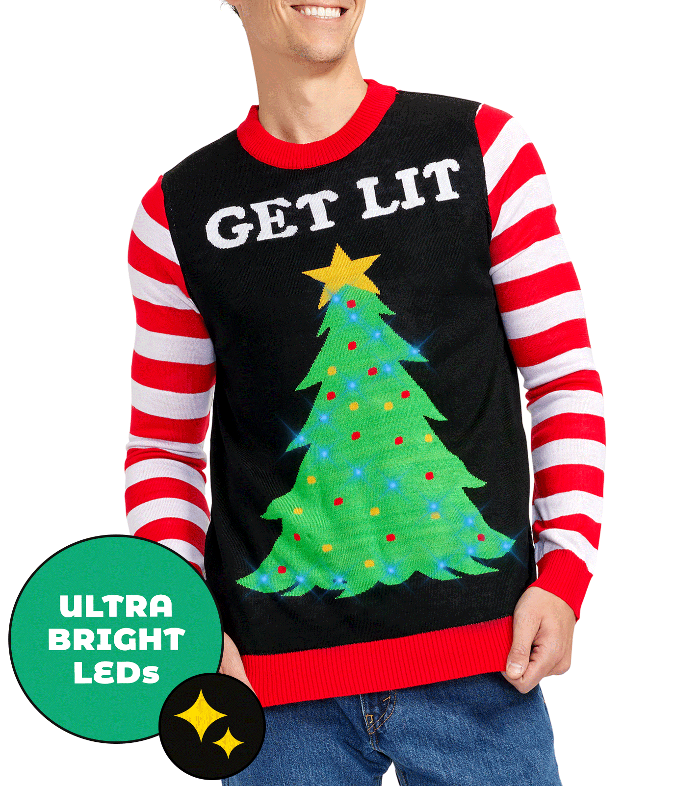 Mens Light Up Christmas Tree Sweater with Get Lit Lettering, Candy Cane Arms, and Batteries