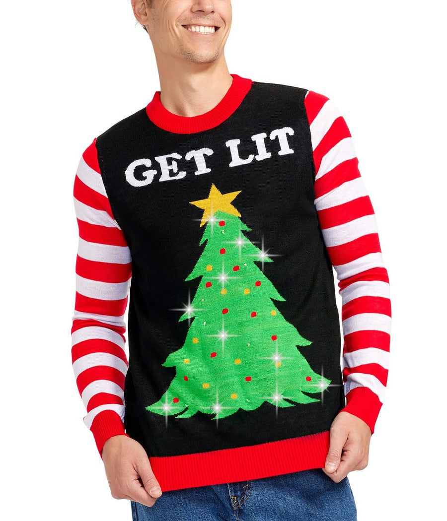Mens Light Up Christmas Tree Sweater with Get Lit Lettering, Candy Cane Arms, and Batteries